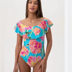 Trina Turk Poppy Off The Shoulder Ruffle Bandeau One Piece Size 8